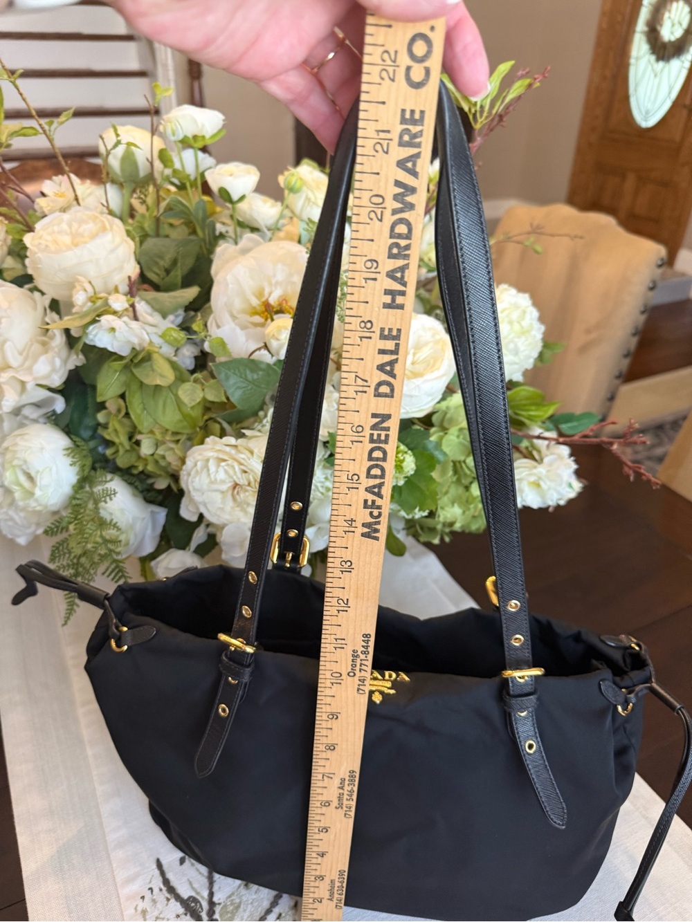 Black Nylon Tote with Gold Hardware - Leather Strap Shoulder Bag - Picture 8 of 8